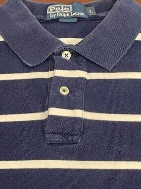 Polo Ralph Lauren Men's Polo Shirt - Navy Blue and White Striped - Size L - GUC